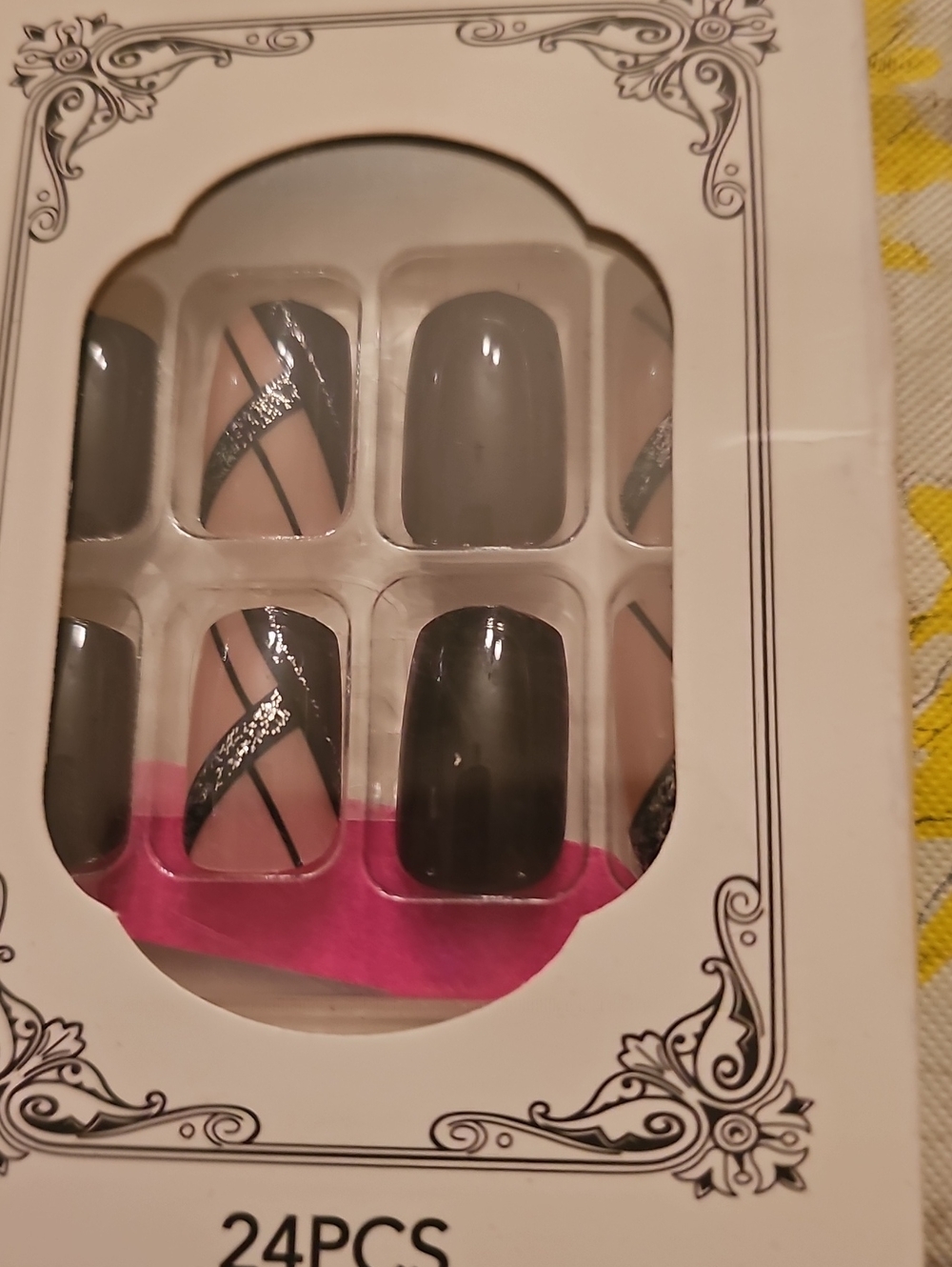 Elegant Black and Nude Press-On Nails with Silver Stripe Accent